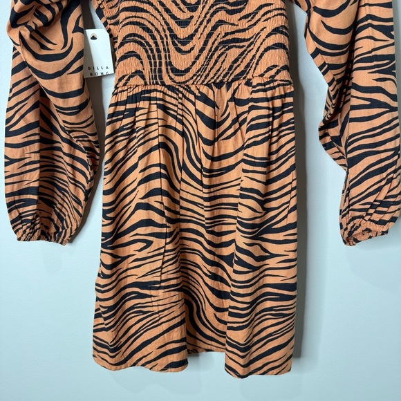 NWT Billabong Tiger Animal Print Square Neck Puff Long Sleeve Smocked Mink Dress - Picture 8 of 9